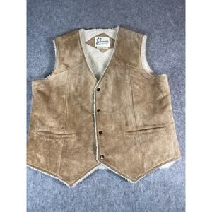 Vintage 80s Bermans Leather Suede Vest Mens 46 Brown Snap Front Sherpa Lined